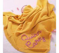 HERSTL Cotton Knitted Personalized Embroidered Name Baby Soft Breathable Stroller Blanket, Yellow