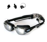 Hersvin Swimming Goggles UV400 Anti-UV Anti-fog Goggles with Integral Earplugs, Removable Nose Bridge for Adult Men Women Children (Black)