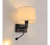 Hertl Black Metal Wall Lamp with LED Spotlight, Nordic Modern Minimalist Wall Mounted Sconce Lighting Fixture Cylinder Fabric Lamp Shade, Wall Light for Bedroom Bedside Study Reading (Color : Beige)