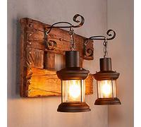 Hertl Industrial Farmhouse Wall Sconce Lighting Fixture Wooden Base Indoor Rustic Wall Lamp Light with 2 Lantern Lights for Bar Restaurant