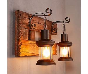 Hertl Industrial Farmhouse Wall Sconce Lighting Fixture Wooden Base Indoor Rustic Wall Lamp Light with 2 Lantern Lights for Bar Restaurant