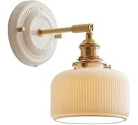 Hertl White Ribbed Glass Home Decoration Wall Sconce French Country Milk Glass Wall Light Nordic Ceramic Shade Indoor Gold Wall Mounted Lamp Bedroom Wall Lighting for Bedside Living Room Hallway(Color