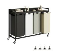 Herture 240L Laundry Basket 4 Compartments, Laundry Hamper with Shelf, Laundry Sorter with 4 Pull-Out Removable Bags and Wheels, Metal Frame, 4 x 60L, for Bathroom Utility Room, Black PF07XLK