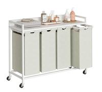 Herture 240L Laundry Basket 4 Compartments, Laundry Hamper with Shelf, Laundry Sorter with 4 Pull-Out Removable Bags and Wheels, Metal Frame, 4 x 60L, for Bathroom Utility Room, White PF07XLW