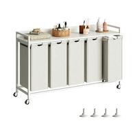 Herture 300L Laundry Basket 5 Compartments, Laundry Hamper with Shelf, Laundry Sorter with 5 Pull-Out Removable Bags and Wheels, Metal Frame, 5 x 60L, for Bathroom Utility Room, White PF08XLW