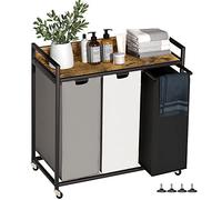 Herture Laundry Hampers with Shelf, Laundry Basket 3 Section, Laundry Sorter with Pull-Out Removable Large 3 Color Bags and Movable Wheels, Metal Frame, 3 x 15.87 Gallons (60L), Rustic Brown PF04XLN