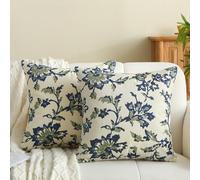 Hervueiy Cushion Covers with Green Navy Blue Floral Plant Design Modern Linen Pillow Covers 45x45 cm Chic Boho Throw Cushions for Living Room, Bedroom, Car, Outdoor Set of 2