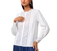 HERYEA Womens Dressy Casual Lace Blouse Cotton Long Sleeve Button Up Shirts Tops, White Collarless Standard, XL