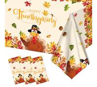 Herytem 3-Piece 54 x 108 Inch Thanksgiving Turkey Plastic Tablecloth - Festive Disposable Table Cover with Fall Leaves and “Happy Thanksgiving Day” Design for Autumn Friendsgiving Holiday Gatherings