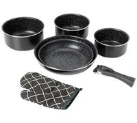 Herzberg HG8053 BLK Cookware Set, Set of 3 Induction Saucepans and 2 Frying Pans for All Heat Sources of Different Sizes and 1 Oven Mitt, Non-Stick Marble Coating, Removable Handles, Black