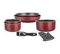Herzberg HG8053 BR Cookware Set, Set of 3 Induction Saucepans and 2 Frying Pans for All Heat Sources of Different Sizes and 1 Oven Mitt, Non-Stick Marble Coating, Removable Handles, Red