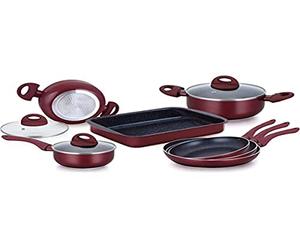 Herzberg HG9016-BR Cookware Set for All Heat Sources with Vented Glass Lids and Marble Coating 10-Piece Cookware Set