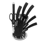 Herzberg HGMSN8-BLM Professional Kitchen Knife Set - Stainless Steel Sharp Knives - Acrylic Holder - Ergonomic Handle - Knife Set with Stand 8 Pieces - Black