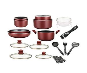 Herzberg - Saucepan set - 17-piece induction pot and pan set - Forged aluminium with marble coating - Removable handle - Non-Stick - All heat sources - Glove included - Burgundy