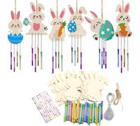 HERZWILD 12Pcs Easter Bunny Wind Chime Kit Wooden Easter Rabbit Wind Chimes Ornaments Coloring Wooden Easter Craft Unfinished Wood Easter Hanging Pendant Decoration