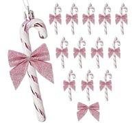 HERZWILD 24Pcs Candy Cane Christmas Decorations Plastic Candy Cane Christmas Glitter Candy Cane with Bow Tree Hanging Ornament (Pink)