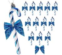 HERZWILD 24Pcs Candy Cane Christmas Decorations Plastic Candy Cane Christmas Glitter Candy Cane with Bow Tree Hanging Ornament (Blue)