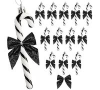 HERZWILD 24Pcs Candy Cane Christmas Decorations Plastic Candy Cane Christmas Glitter Candy Cane with Bow Tree Hanging Ornament (Black)