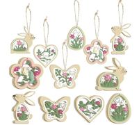 HERZWILD 24PCS Easter Wooden Hanging Ornaments, Double-Sided Printed Easter Decoration Bunny Butterfly Flower Egg Heart Pendants, Spring Decor for Easter Tree Decor DIY Crafts Home Supplies (Green)