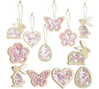 HERZWILD 24PCS Easter Wooden Hanging Ornaments, Double-Sided Printed Easter Decoration Bunny Butterfly Flower Egg Heart Pendants, Spring Decor for Easter Tree Decor DIY Crafts Home Supplies (Pink)