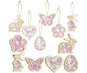 HERZWILD 24PCS Easter Wooden Hanging Ornaments, Double-Sided Printed Easter Decoration Bunny Butterfly Flower Egg Heart Pendants, Spring Decor for Easter Tree Decor DIY Crafts Home Supplies (Pink)