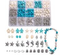 HERZWILD 325Pcs Turquoise Sea Turtle Beads Blue and White Starfish Beads Tortoise Turtle Charms Summer Ocean Animal Spacer Beads Shell Beads for Jewelry Making DIY Bracelet Necklace (Blue and Silver)