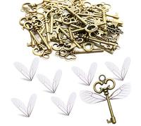 HERZWILD 60 Pcs Vintage Skeleton Keys Flying Keys Charms,Mixed 6 set Bronze Vintage Keys With Dragonfly Wings and Elastic Crystal String for DIY Wedding Party Decorations.