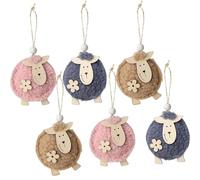 HERZWILD 6PCS Easter Sheep Wood Pendants, Sheep Easter Decorations Hanging Easter Ornaments for Spring Home Decor Outdoor Table & Easter Party Decorations (Brown Grey Pink)