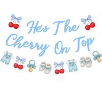 He's the Cherry on Top Banner, Sweet Fruit Baby Shower Party Hanging Bunting Coquette Cherry Birthday Party Decorations Blue Summer Fruit Garland for Birthday Baby Shower Supplies