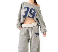 Hesaco Number 39 Off Shoulder Oversized Crewneck Sweatshirt Women Y2k Graphic Long Sleeve Pullover 2000s Streetwear, Grey, M