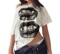 Hesaco Off The Shoulder Cute Shirts for Women Oversized Tshirt Y2k Graphic Tee Lips Print Baggy Shirts Vintage Tops, White Black, L