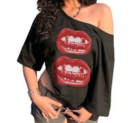 Hesaco Off The Shoulder Cute Shirts for Women Oversized Tshirt Y2k Graphic Tee Lips Print Baggy Shirts Vintage Tops, Black Red, L