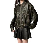 Hesaco Y2k Leather Jacket Bowknot Bowtie Graphic Motorcycle Jacket Womens Vintage Crop Oversized Grunge Clothes, Black, Large