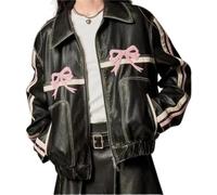 Hesaco Y2k Leather Jacket Bowknot Bowtie Graphic Motorcycle Jacket Womens Vintage Crop Oversized Grunge Clothes, Pink, Small