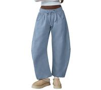 HeSaYep Women's Barrel Leg Ankle Sweatpants Drawstring Wide Leg Lounge Pants Baggy Casual Cotton Sweat Pants with Pockets, Dusty Blue, S