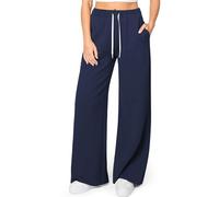HeSaYep Women's Wide Leg Sweatpants Elastic High Waist Loose Sweat Pants Straight Leg Drawstring Trousers with Pockets, Navy Blue, Large
