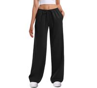 HeSaYep Women's Wide Leg Sweatpants Straight Leg Lowrise Sweat Pants Drawstring Elastic Low Waist Pants with Pockets, Black, Large