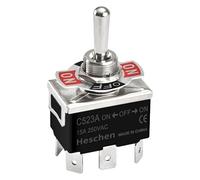 Heschen C523A DPDT Toggle Switch ON-OFF-ON 3 Position 15A 250V 12mm | 6 pin spade terminals, heavy duty metal lever, latching action, standard 12mm panel mount,industrial polymer base
