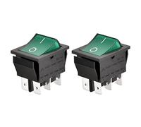 Heschen DPDT Rocker Switch ON-OFF 16A 250VAC Green Illuminated 2 Pack | 6 pin spade terminal, 27.8x21.5mm mounting hole, household appliance, double pole logic