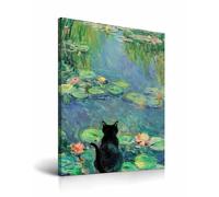 HesenDot Black Cat Framed Wall Art,30x40CM Claude Monet Waterlily Cat Canvas Print,Funny Animal Painting Poster Wall Decor for Home Living Room Kid Bedroom Bathroom,Set of 1
