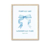 HesenDot Blue Bow Christian Wall Art 12x16in,Fearfully and Wonderfully Made,Psalm 139:14 Bible Verse Canvas Print, Coquette Oak Frame Scripture Home Decor for Bedroom Study Dorm Nursery,Set of 1