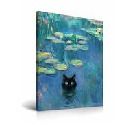 HesenDot Cat Head Framed Wall Art,30x40CM Claude Monet Waterlily Cute Cat Canvas Poster,Funny Animal Painting Print Wall Decor for Home Living Room Kid Bedroom Bathroom,Set of 1