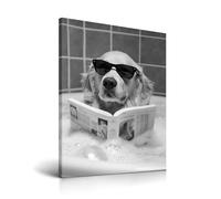 HesenDot Dog in Bathtub Framed Wall Art,30x40cm Golden Retriever Reading Canvas Print,Funny Animal Bathroom Poster,Black and White Dog Picture Wall Decor for Kid Room Bedroom Nursery,1 Pack