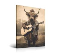 HesenDot Highland Cow Playing Guitar Framed Wall Art,30x40CM Funny Cow Humour Poster,Vintage Animal Canvas Print Wall Decor,Retro Home Decoration for Bedroom Kid Room Study,Set of 1