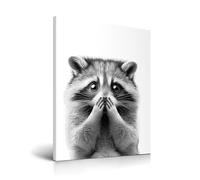 HesenDot Raccoon Cover Nose Framed Wall Art,30x40cm Funny Canvas Print for Bathroom, Adorable Black and White Racoon Poster,Cute Animal Wall Decor for Bathroom Kid Room Bedroom Nursery Home, 1 Pack