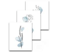 HesenDot Unframed 30x40cm Blue Floral Wall Art Set of 3 | Flower Canvas Prints, Boho Line Posters, Minimalist Botanical Home Decoration for Bathroom Living Room Bedroom Girl Room