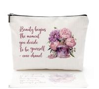 Coco Chanel Quotes Makeup Bag for Gilrs,Fashion Perfume Flower Beauty Begins The Moment You Decide To Be Yourself- Cosmetic Bag Waterproof Linen Toiletry Beauty Bag Travel Accessories Pouch,