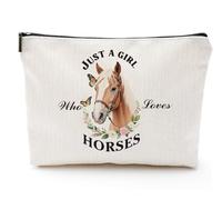 heshengzaixian Horses Flowers Makeup Bag,Just a Girl Who Loves Horses Cosmetic Bag,Horse Gifts for Girl Women Animal Lovers, Waterproof Zipper Linen Toiletry Beauty Bag Travel Case Accessories Pouch