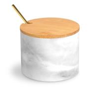 HESHIBI Marble Salt Cellar Box with Bamboo Lid & Metal Spoon, Modern Light Grey Stone Salt or Pepper Sugar Spice Seasoning Bowl Container Jar Holder Well Keeper Dish Pig Crock for Kitchen
