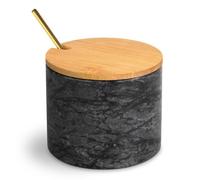 HESHIBI Marble Salt Cellar Box with Bamboo Lid & Metal Spoon, Modern Stone Salt or Pepper Sugar Spice Seasoning Bowl Container Jar Holder Well Keeper Dish Pig Crock for Kitchen (Dark Grey)